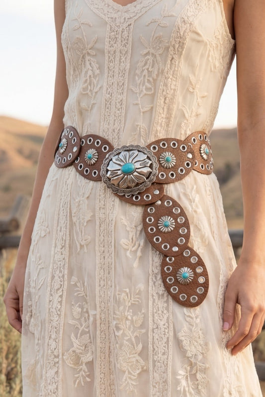 Western Turquoise Concho Disc Leather Belt