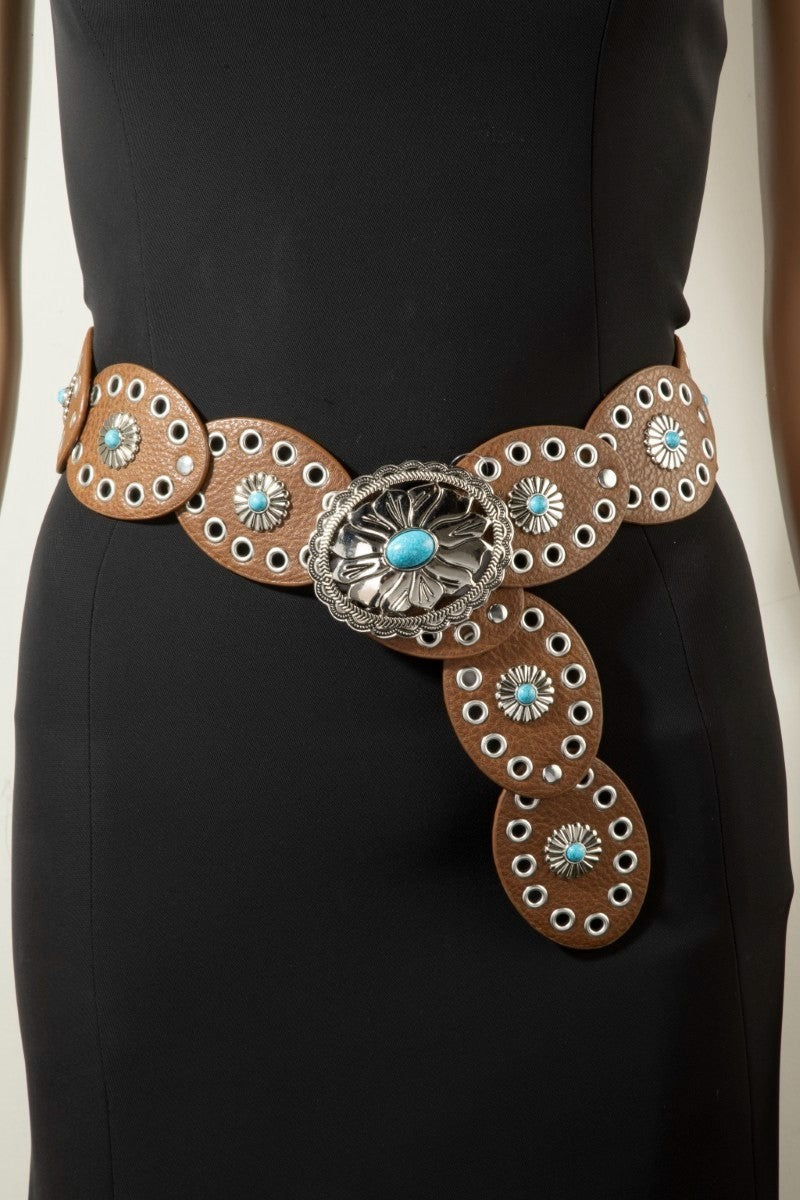 Western Turquoise Concho Disc Leather Belt