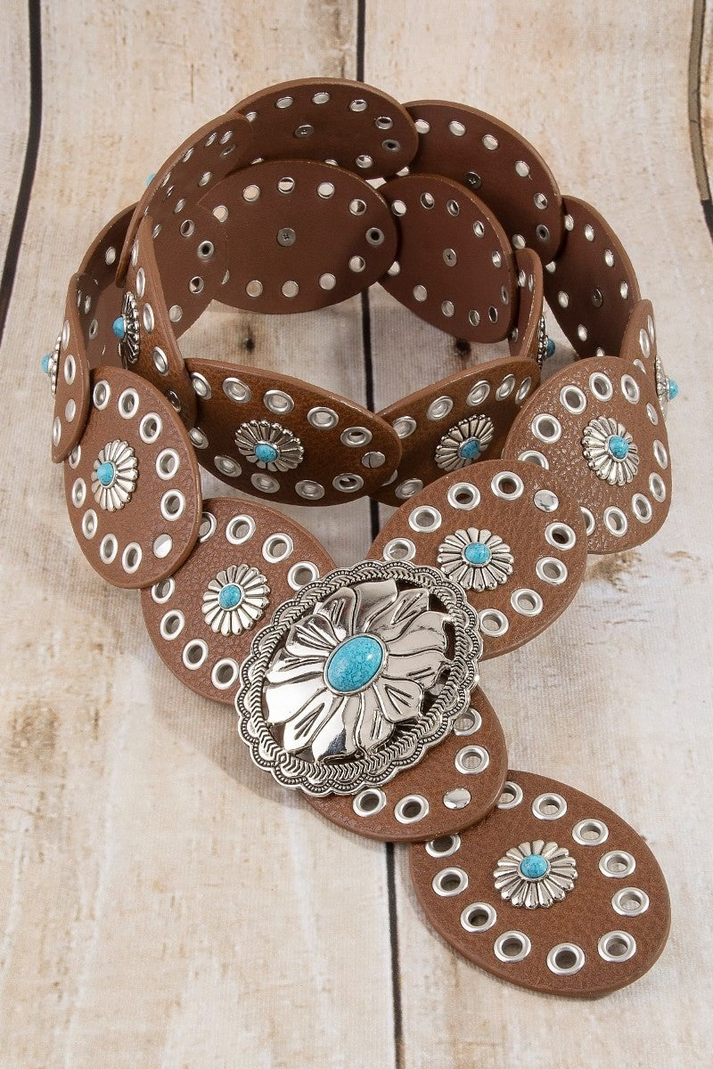 Western Turquoise Concho Disc Leather Belt