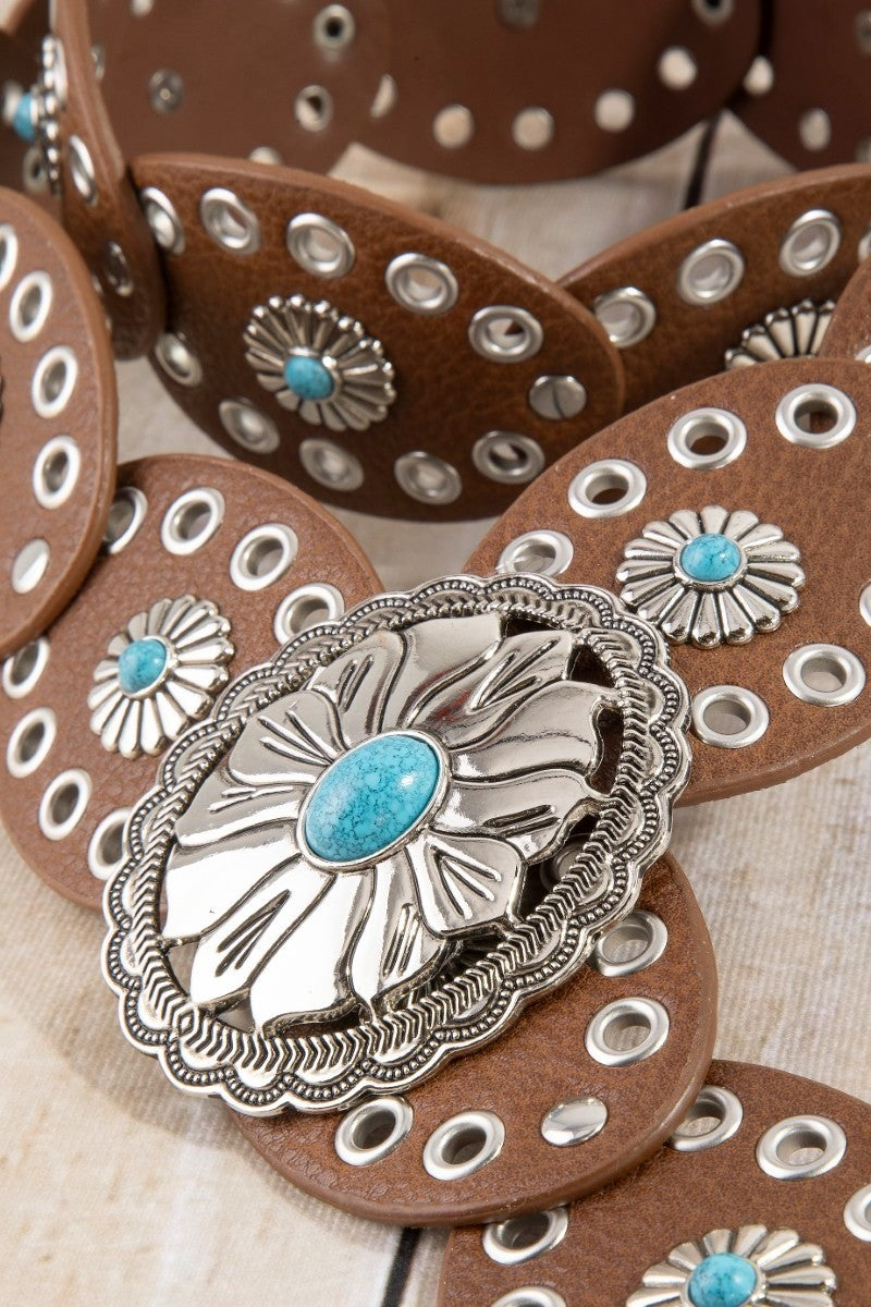 Western Turquoise Concho Disc Leather Belt