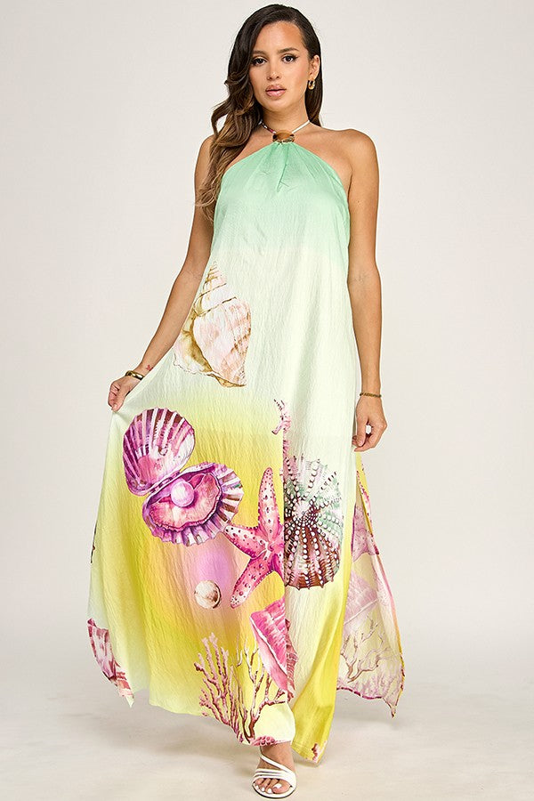 Coastal Romance Open Back Slit Maxi Dress- Lime