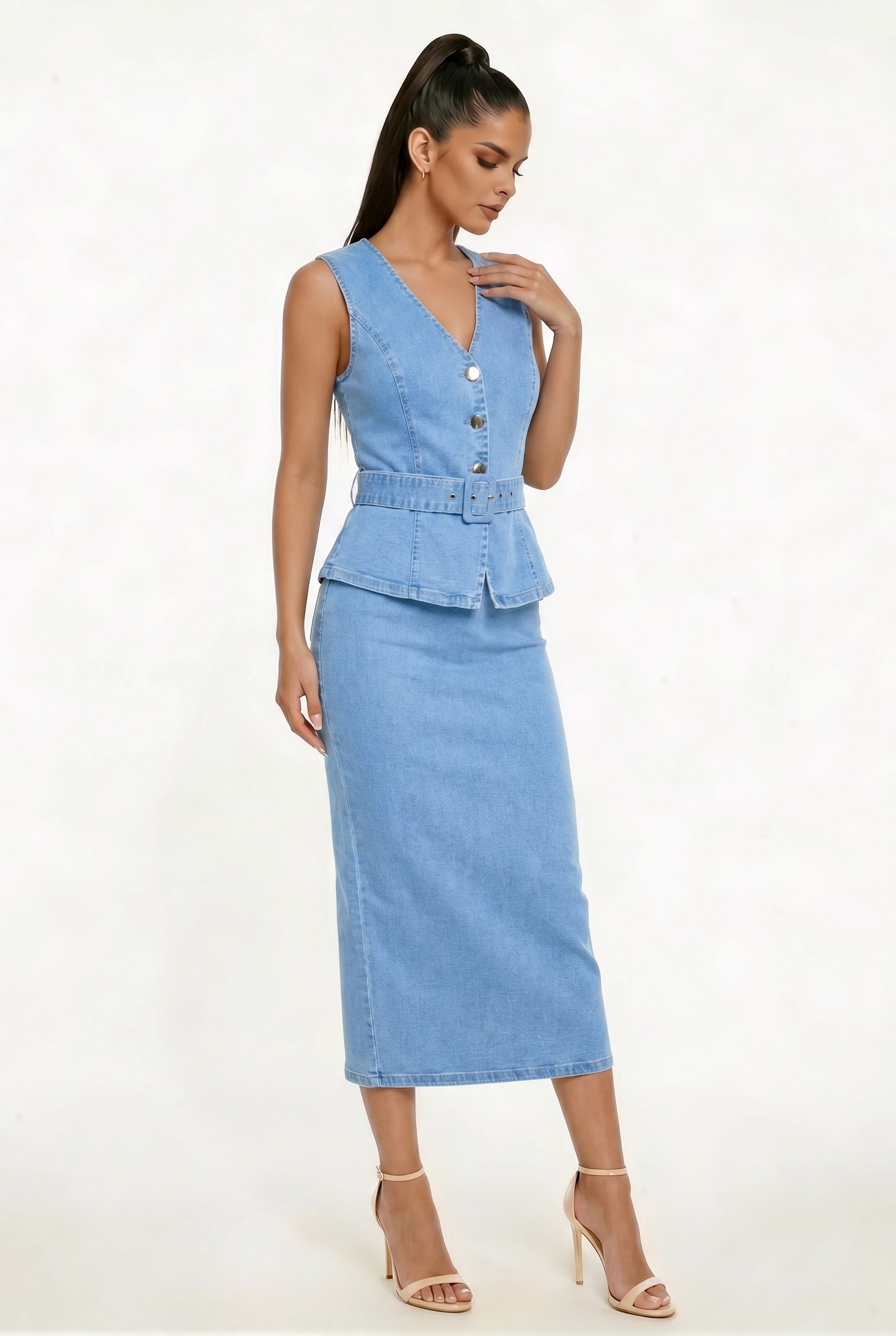 Peplum Belted Denim Dress- Light Wash