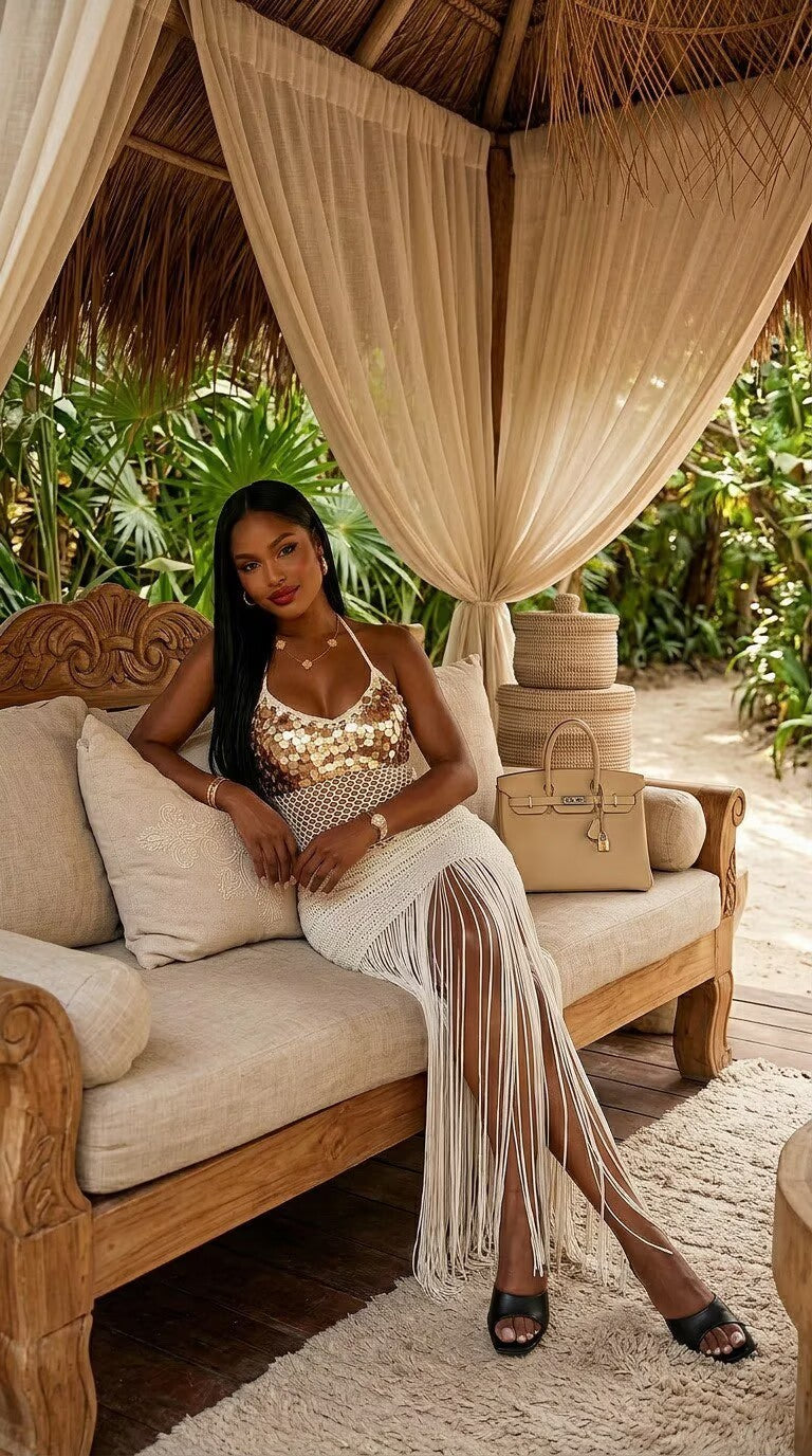 Crochet Fringe Resort Wear/Swimwear Coverup Dress- White