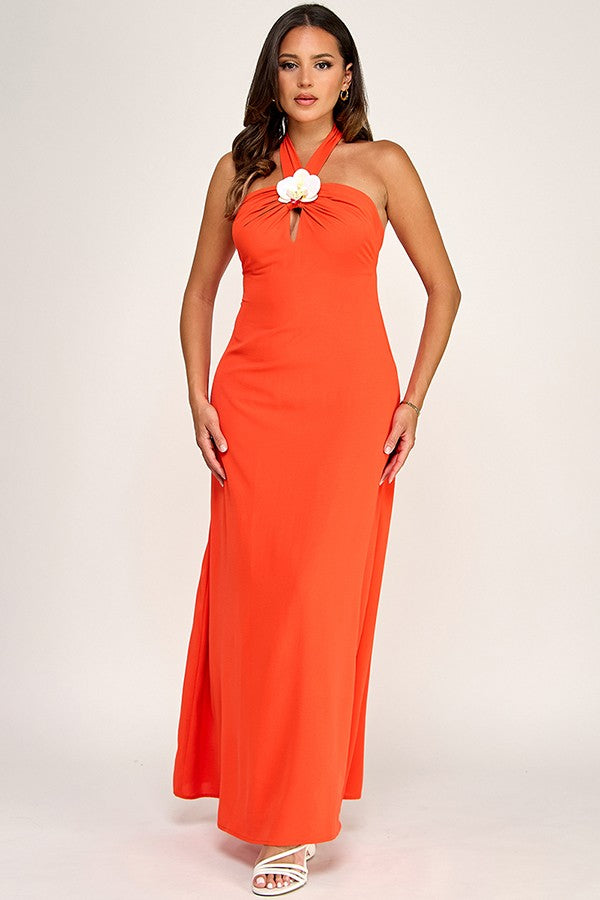 Flower Bloom Halter Dress- Orange
