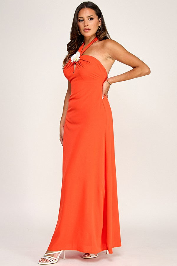 Flower Bloom Halter Dress- Orange