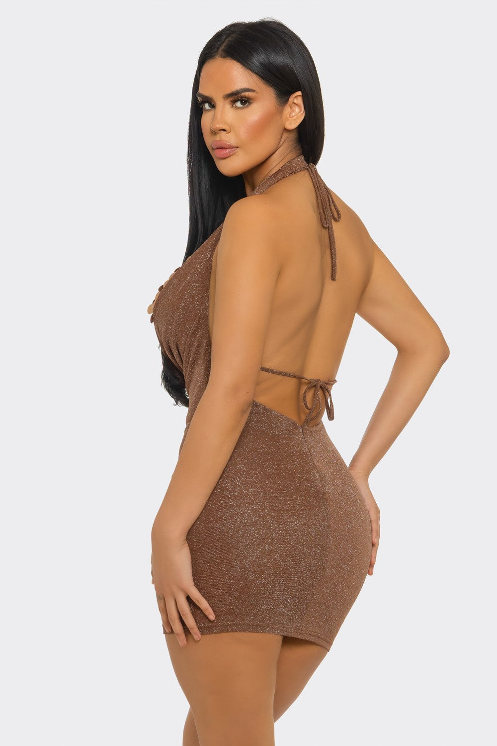 Touch of Elegance Shimmer Dress & Sequin Bra Set- Brown