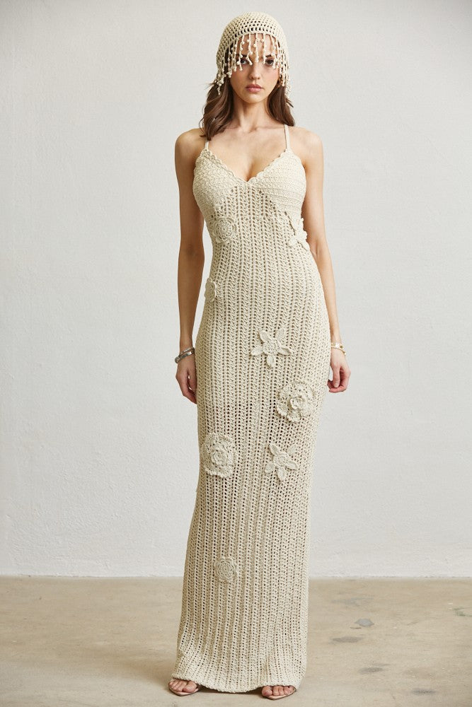 Cream Crochet Floral Dress & Pearl Fringe Headpiece Set