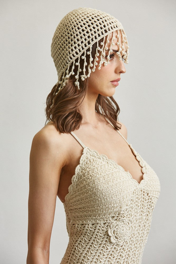 Cream Crochet Floral Dress & Pearl Fringe Headpiece Set