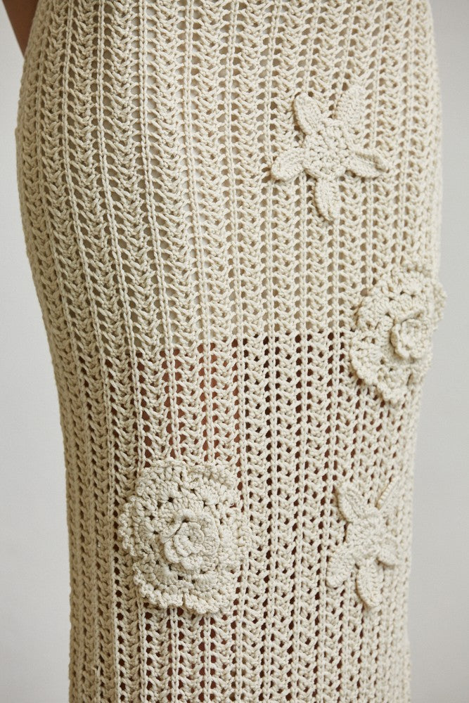Cream Crochet Floral Dress & Pearl Fringe Headpiece Set