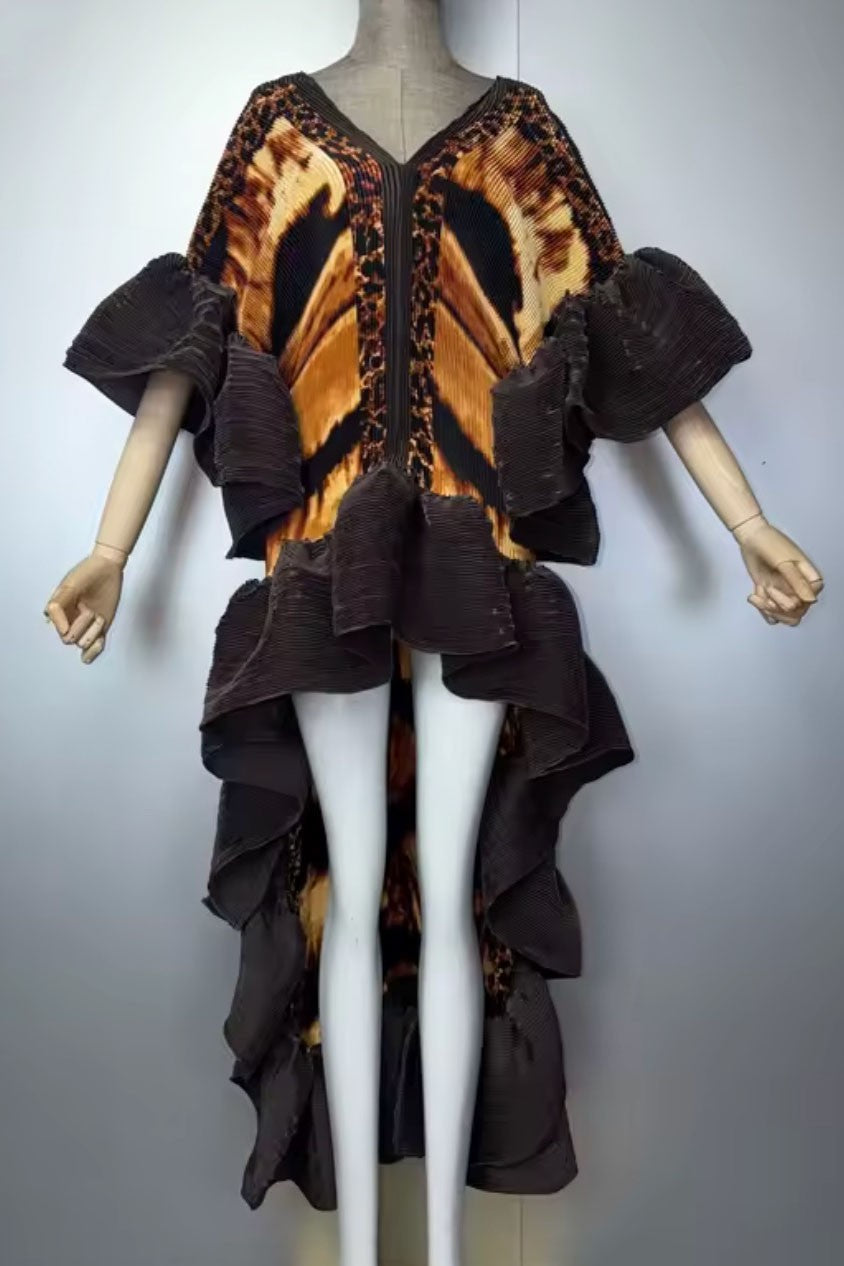 Into the Wild High Low Pleated Kaftan Dress- Brown/Multi
