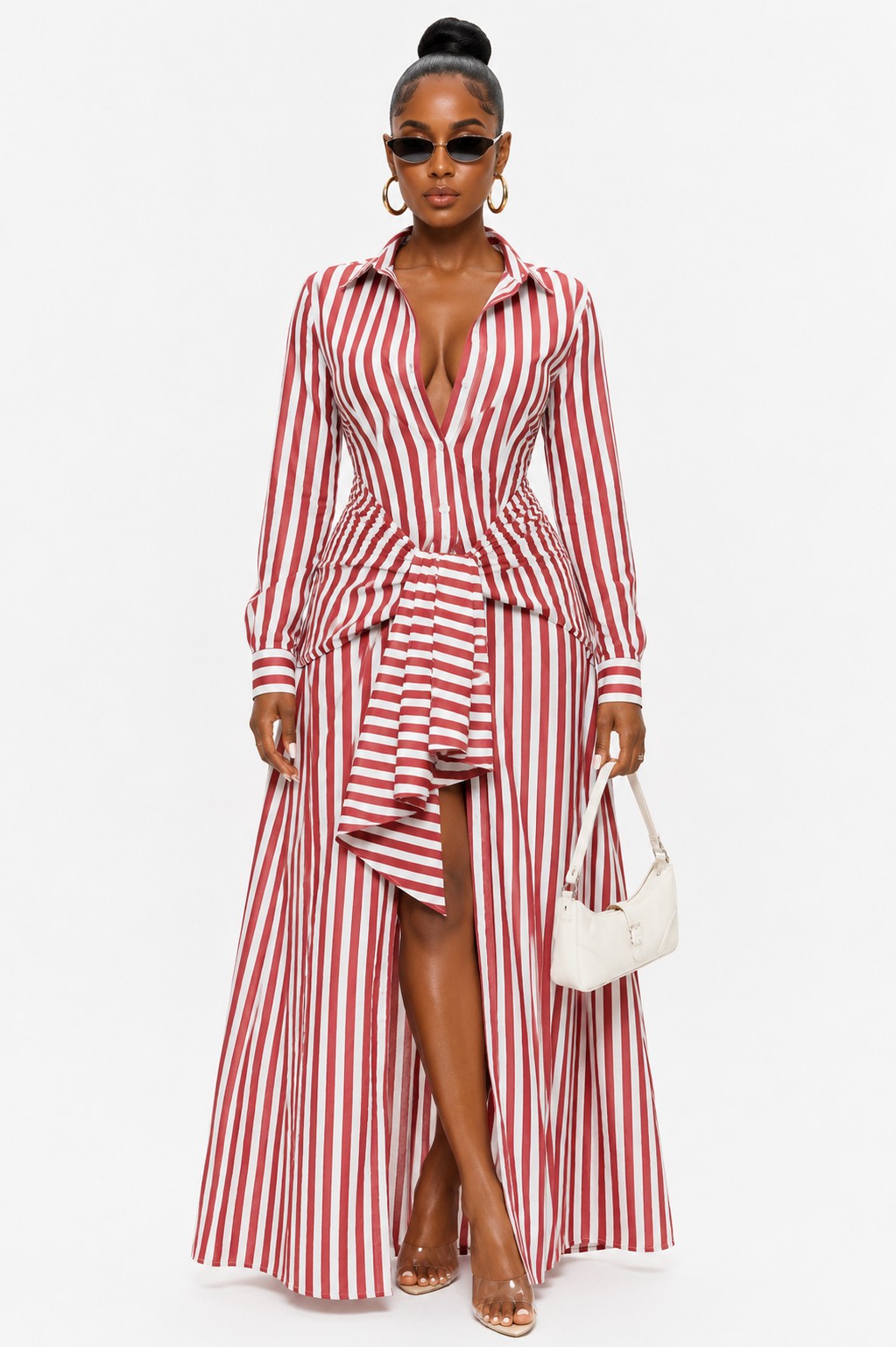 Red & White Striped Long Sleeve Maxi Dress w/ Knot