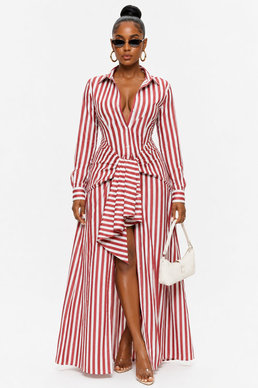 Red & White Striped Long Sleeve Maxi Dress w/ Knot