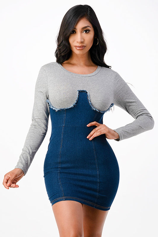 Long Sleeve Denim Dress w/ Rib Fabric