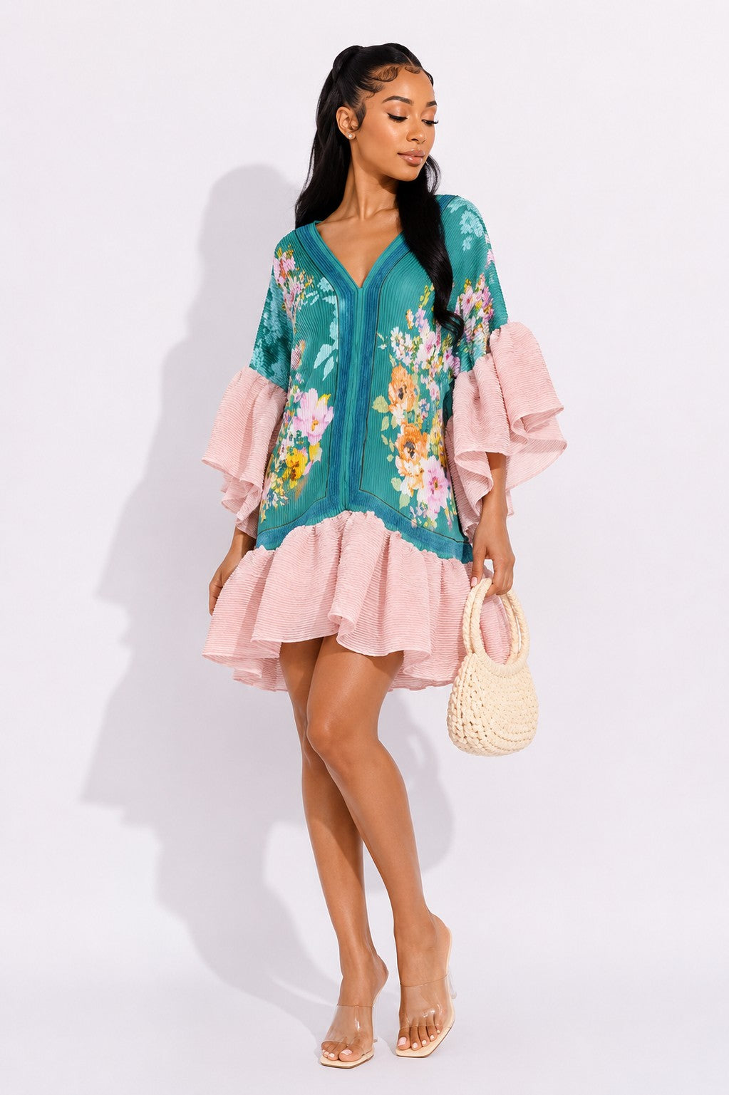 When in Rome Pleated Texture Ruffled Sleeve Paradise Dress
