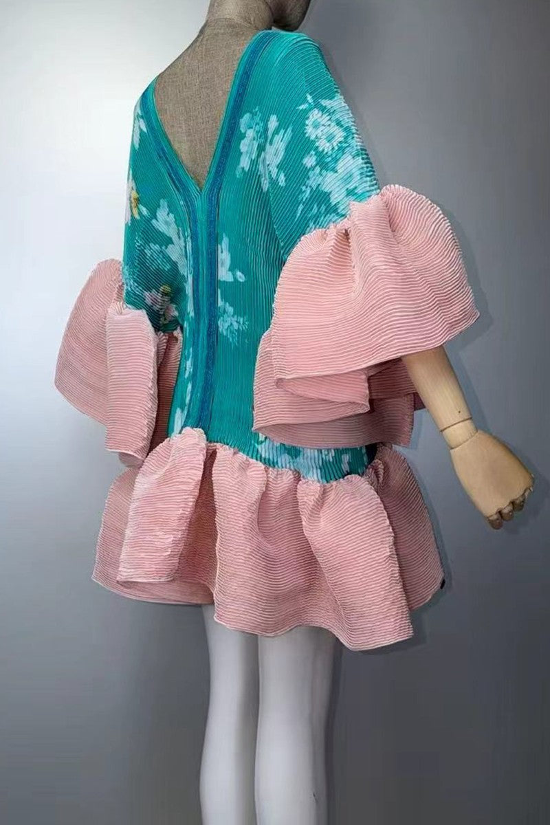 When in Rome Pleated Texture Ruffled Sleeve Paradise Dress