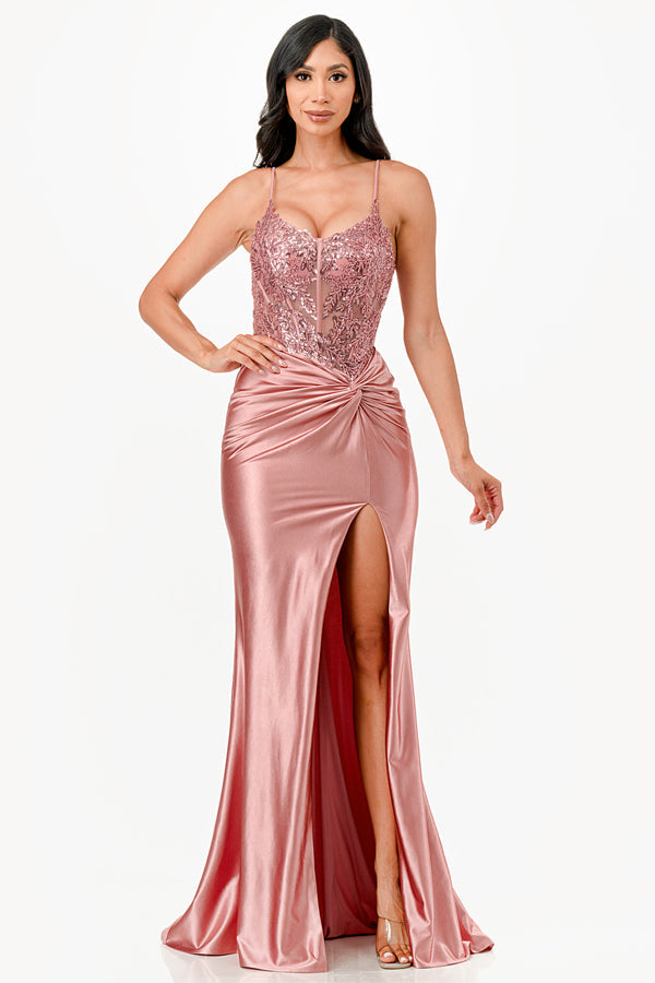Sequin Lace Satin Maxi Dress