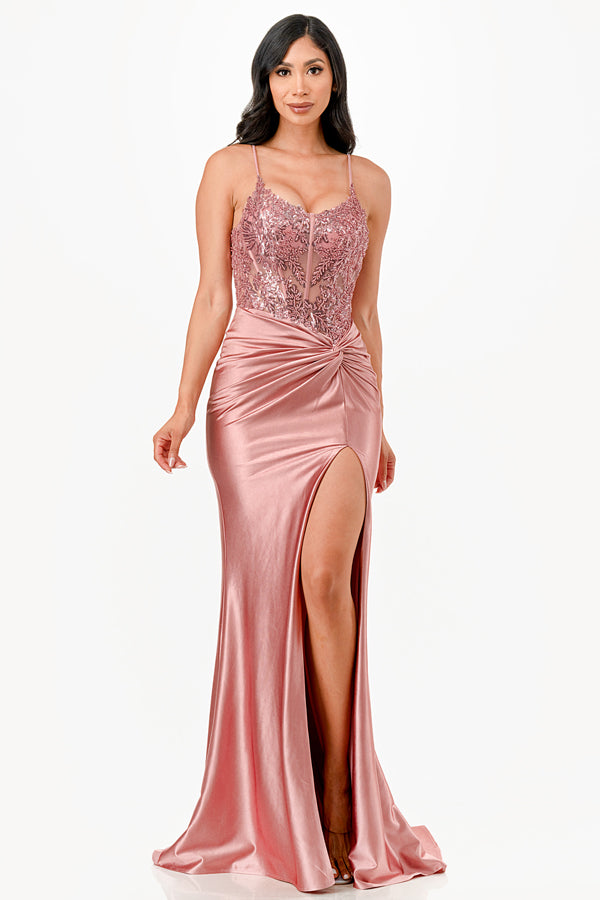 Sequin Lace Satin Maxi Dress