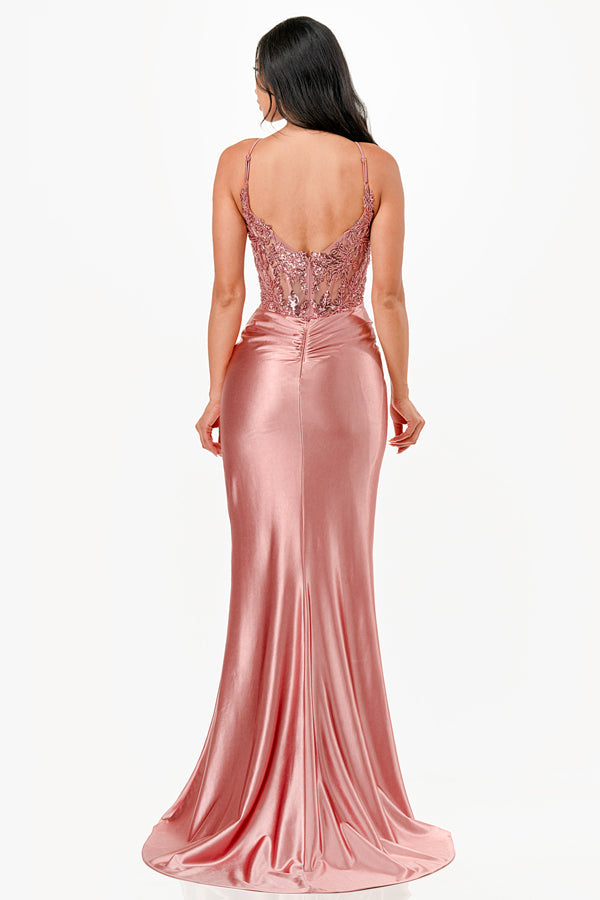 Sequin Lace Satin Maxi Dress