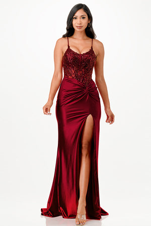 Sequin Lace Satin Maxi Dress