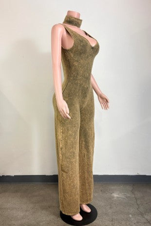 Mineral Wash Halter Open Back Jumpsuit w/ Matching Headband- Green