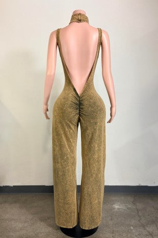 Mineral Wash Halter Open Back Jumpsuit w/ Matching Headband- Green