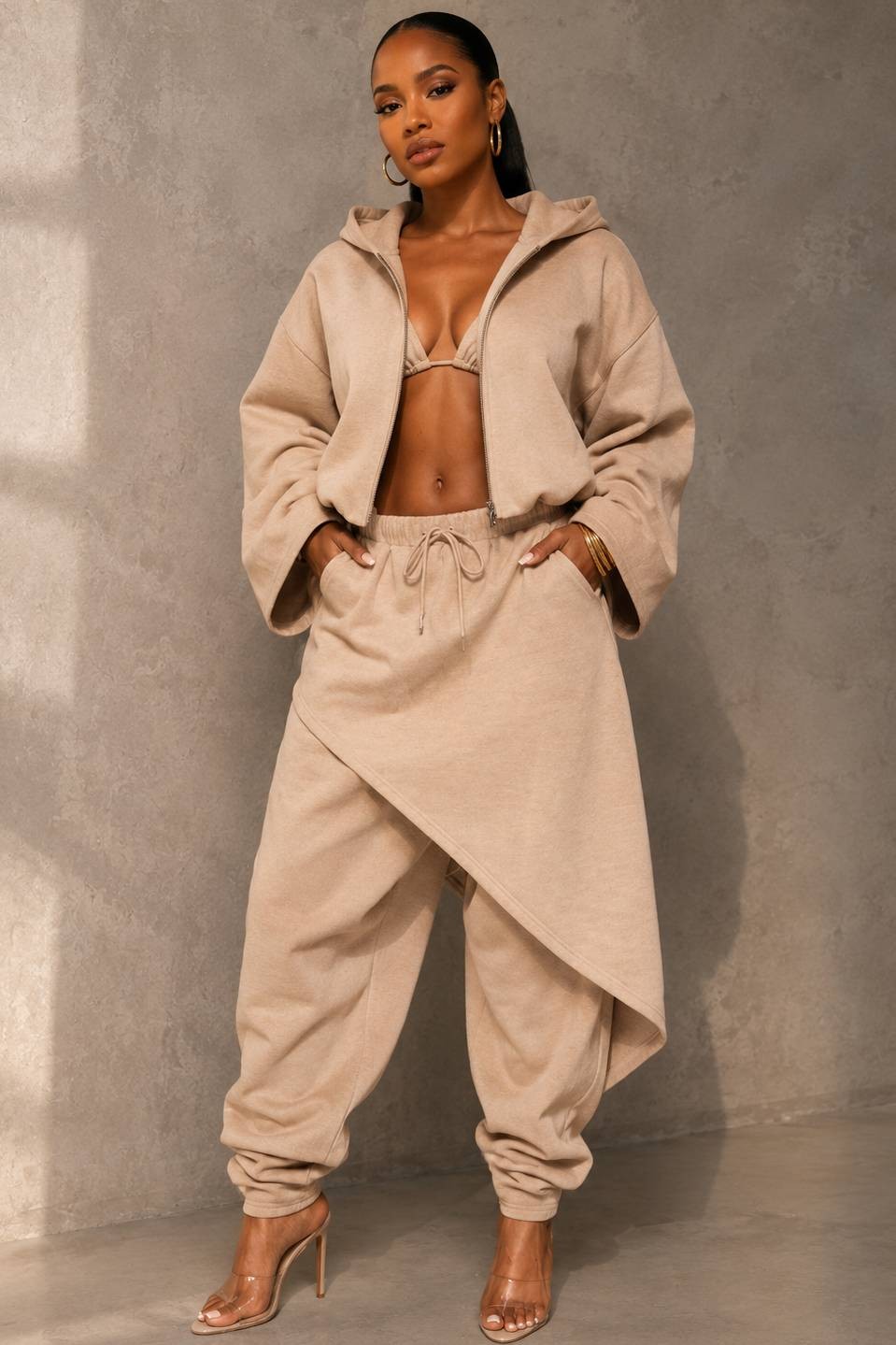 Another Comfort Pant & Cropped Jacket Set- Tan