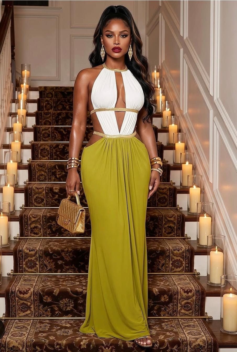 Roman Goddess Maxi Dress- Green/Gold/White