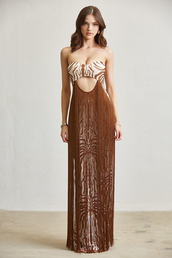Wild Amara Zebra Print Tassel Maxi Dress- Brown/White