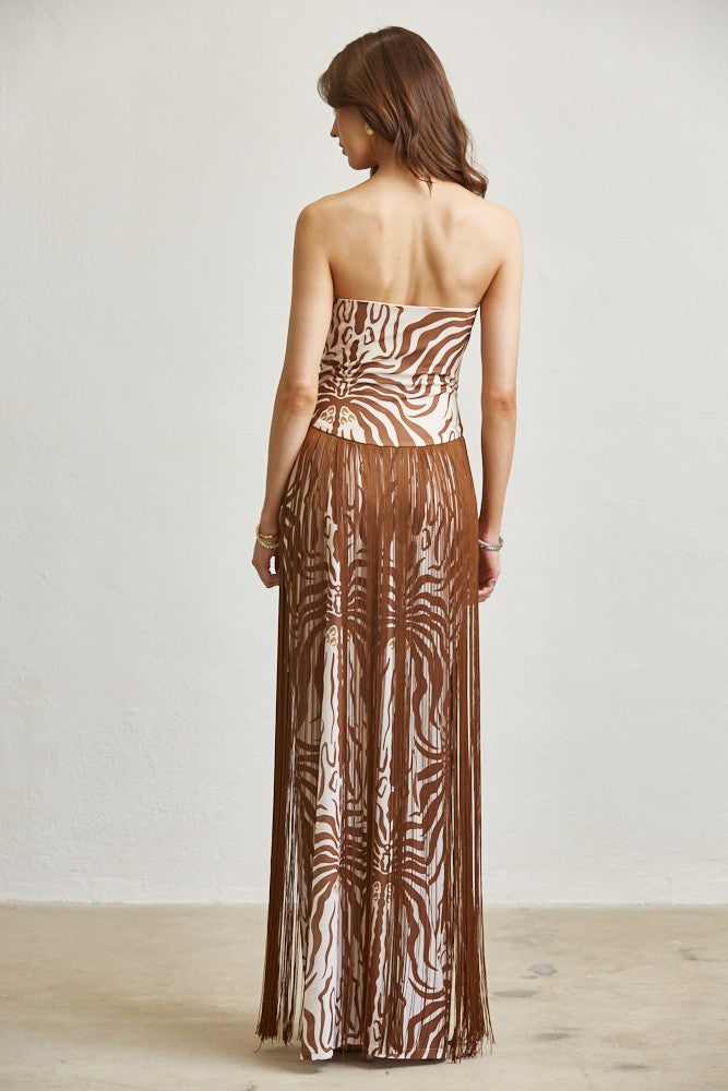 Wild Amara Zebra Print Tassel Maxi Dress- Brown/White