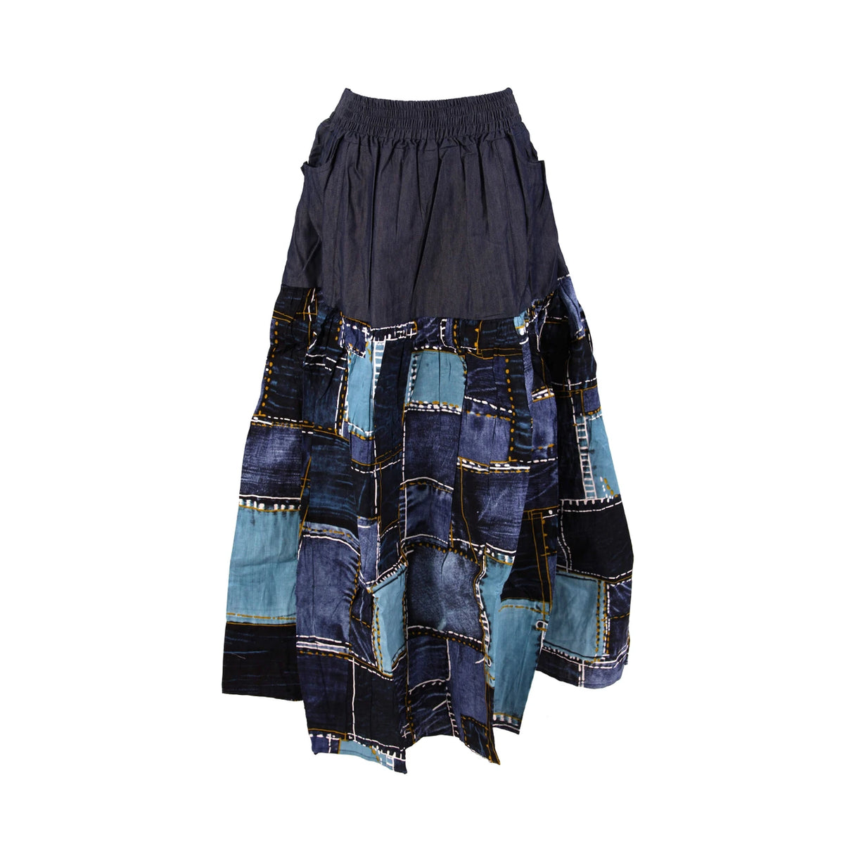 Ankara Print and Denim Elastic Waist Skirt