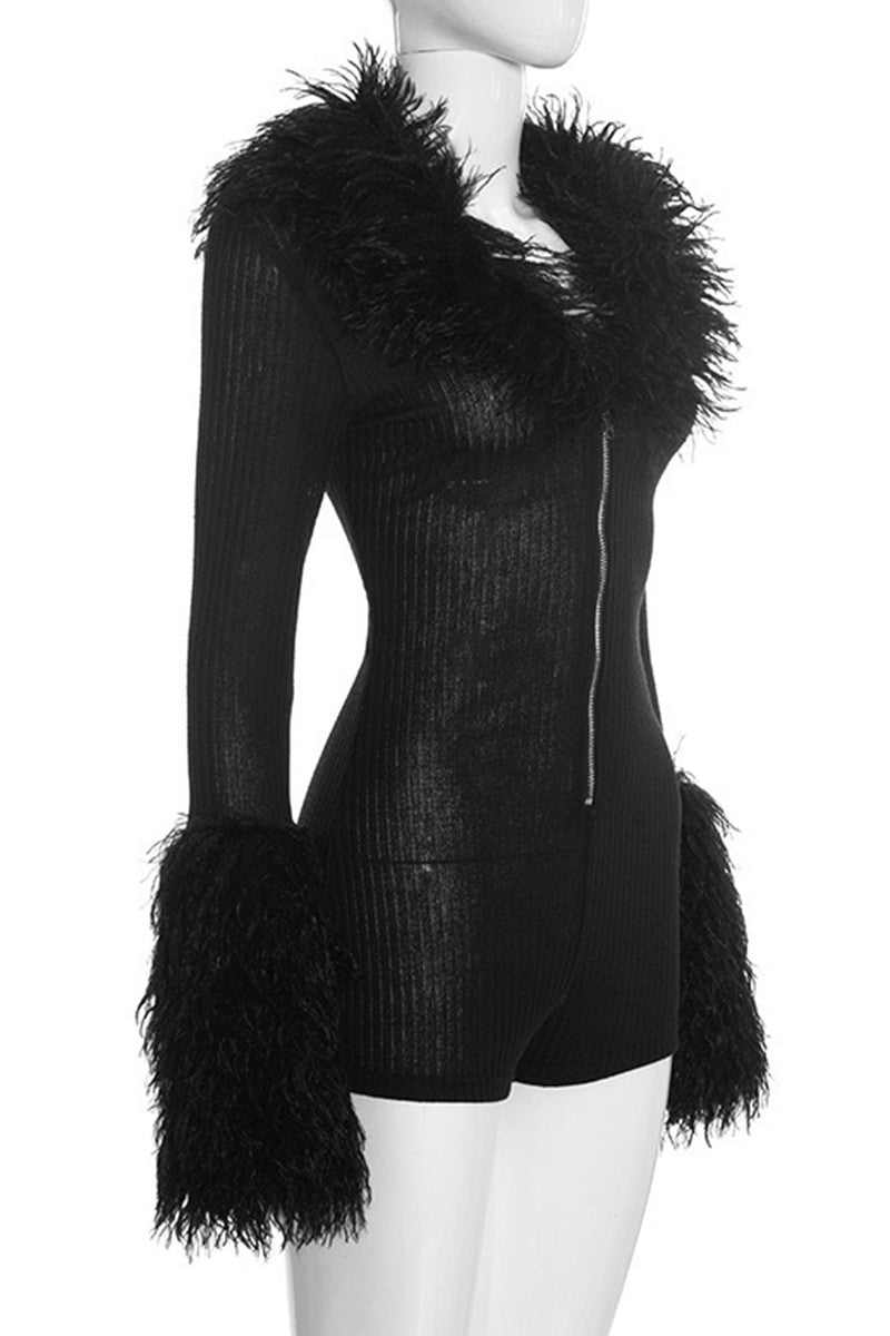 Feathery Trimmed Ribbed Romper- Black