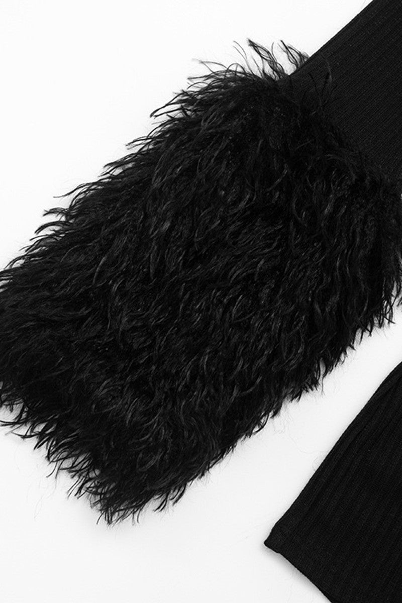Feathery Trimmed Ribbed Romper- Black
