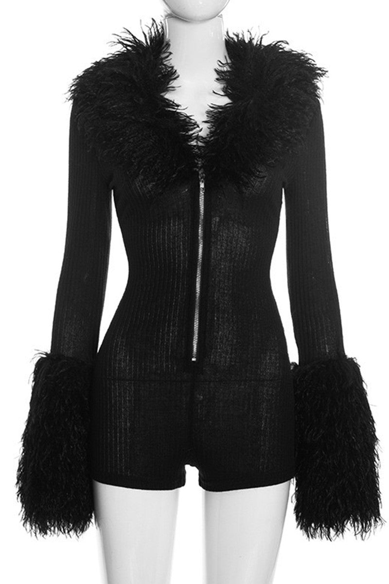 Feathery Trimmed Ribbed Romper- Black