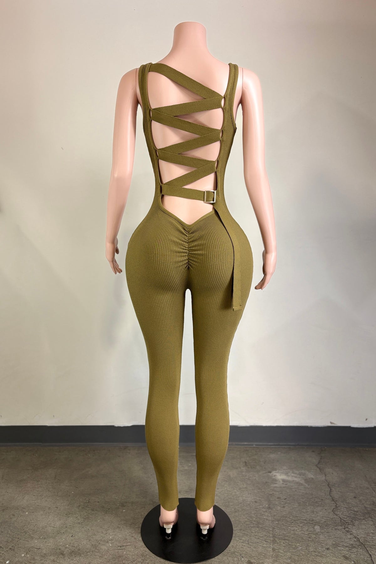Take Me Back Criss-Cross Back Scrunched Butt Jumpsuit- Olive