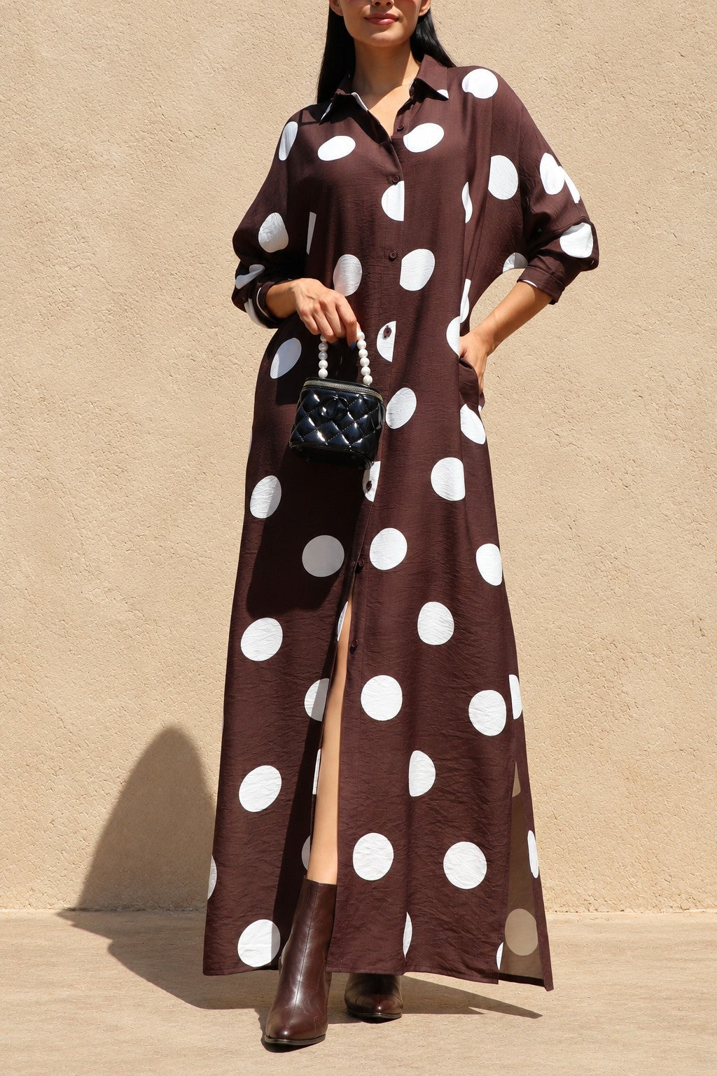 Brown Maxi Dress w/ White Polka Dots