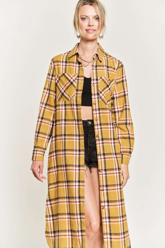 PLUS SIZE PLAID PRINT COLLAR LONG SHIRT DRESS-3 COLORS