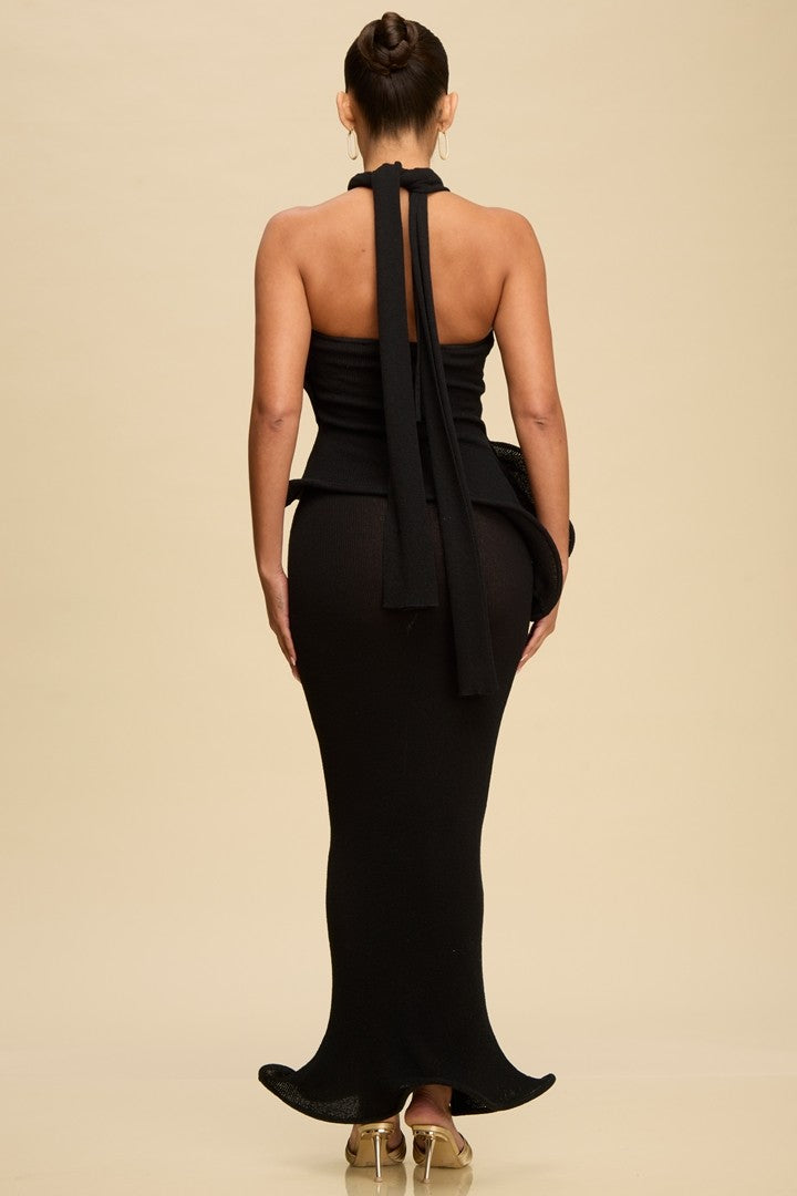 Knit Ruffle Halter Maxi Dress-Black