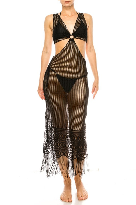 Relaxing Crochet with Tinsel Bottom Mid Cutout Coverup-5 Colors