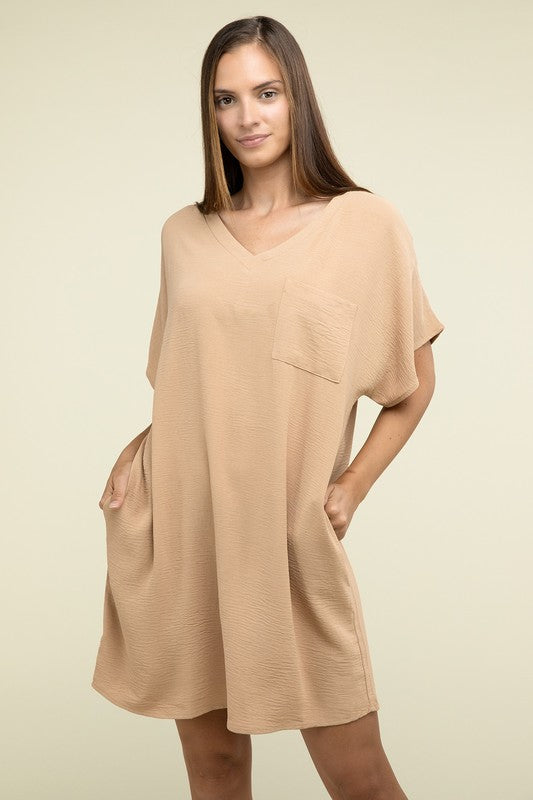 Woven Airflow V Neck T-Shirt Dress with Pockets-3 Colors