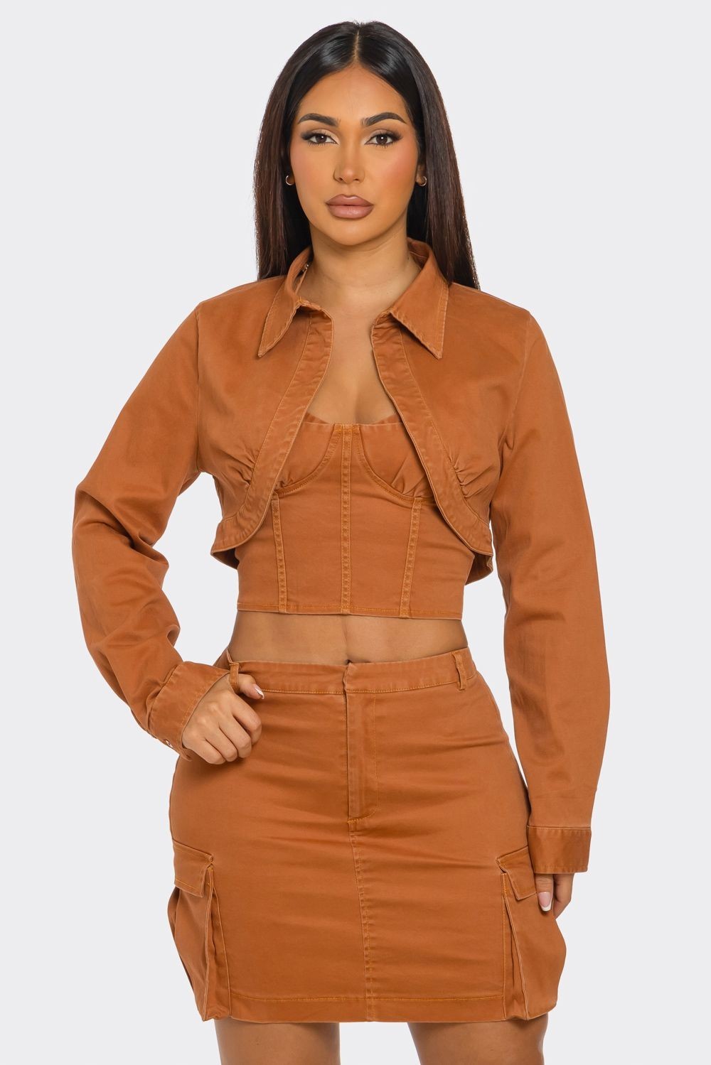Bringing the Fun Denim Mini Skirt, Cropped Top , & Jacket Set- Brown
