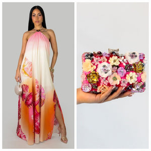Coastal Romance Open Back Slit Maxi Dress w/ or w/o Clutch- Pink