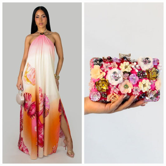 Coastal Romance Open Back Slit Maxi Dress w/ or w/o Clutch- Pink