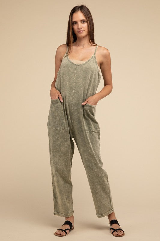 Washed Spaghetti Straps Overalls with Pockets-2 Colors