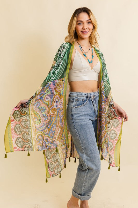 Paisley Print Open Front Kimono w/ Cinched Arms-3 Colors