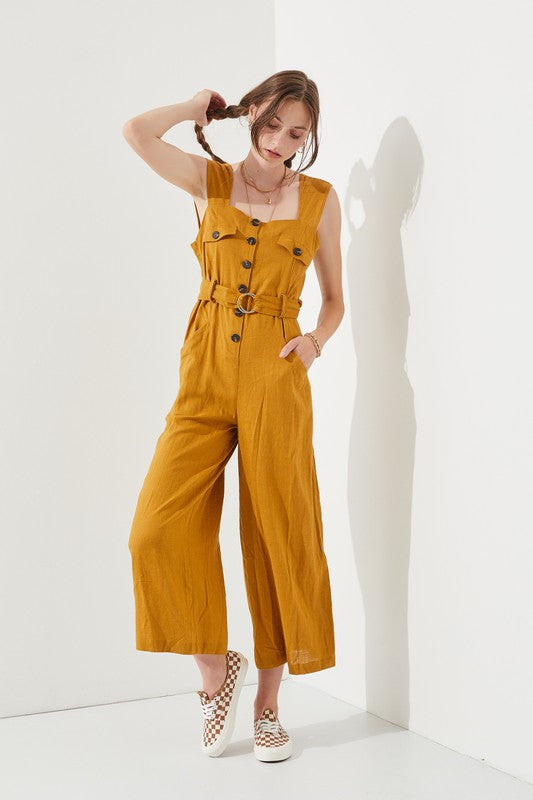 SLEEVELESS SQUARE NECK BUTTON DOWN ANKLE JUMPSUIT-BLACK OR MUSTARD