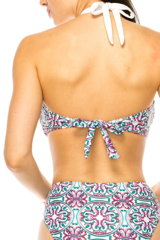 TWO PIECE FLORAL PRINTS CRISS CROSS HALTER BIKINI-2 COLORS