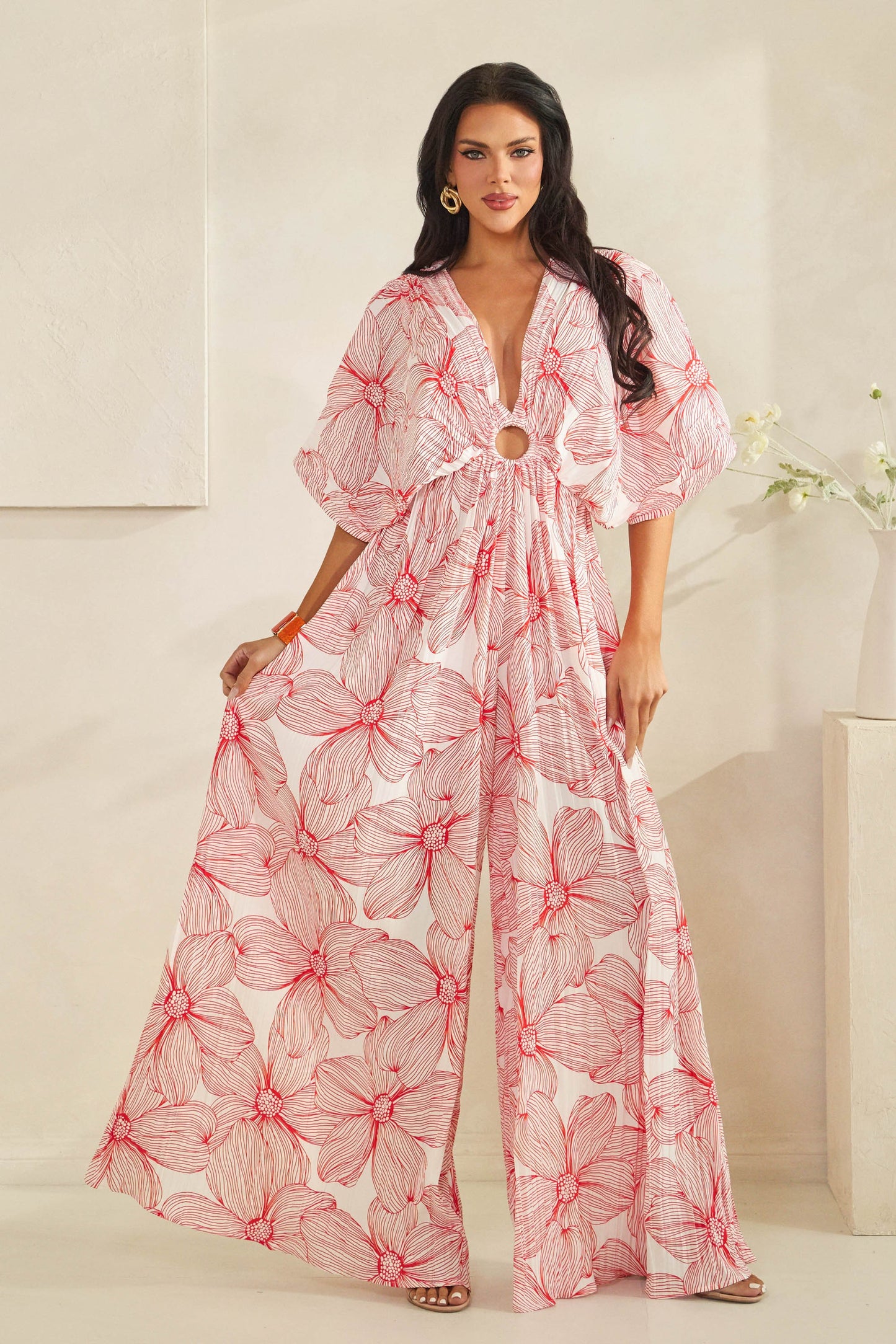 V-neck Drop Shoulder W/ O-ring Pleated Jumpsuit- Orangish-Red