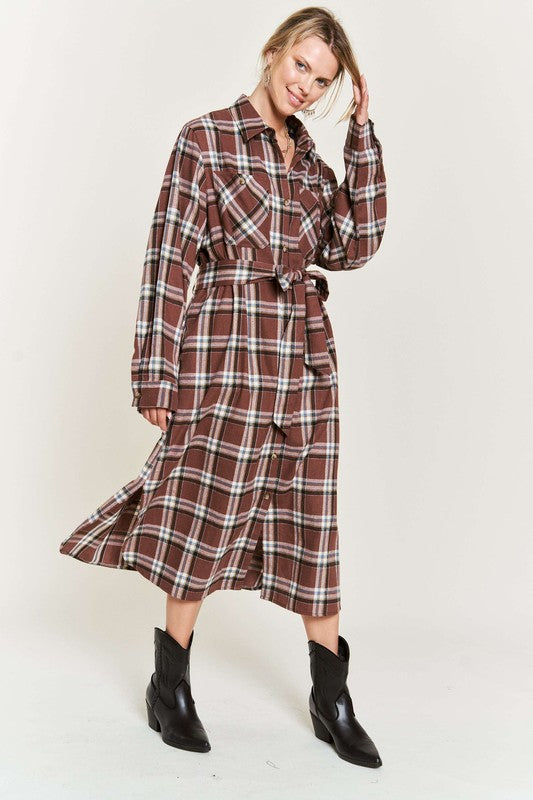 PLUS SIZE PLAID PRINT COLLAR LONG SHIRT DRESS-3 COLORS
