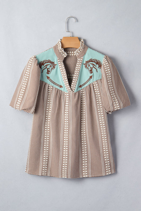 Western Pony Embroidered Gingham Puff Sleeve Blouse