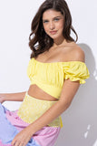 OFF SHOULDER PLEATED CROP TOP WITH BACK RIBBON TIE-5 COLORS